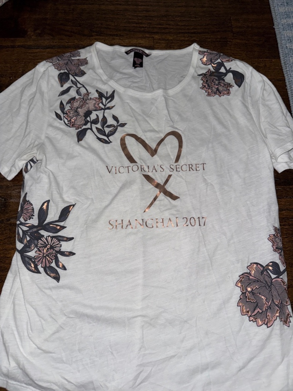 Victoria's Secret White Tee with Rose Gold & Black Floral Accents